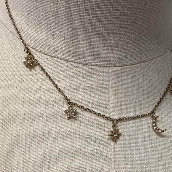 Gold-tone Star and Moon Necklace 21” length with 8” hanging back chain - Picture 7 of 8